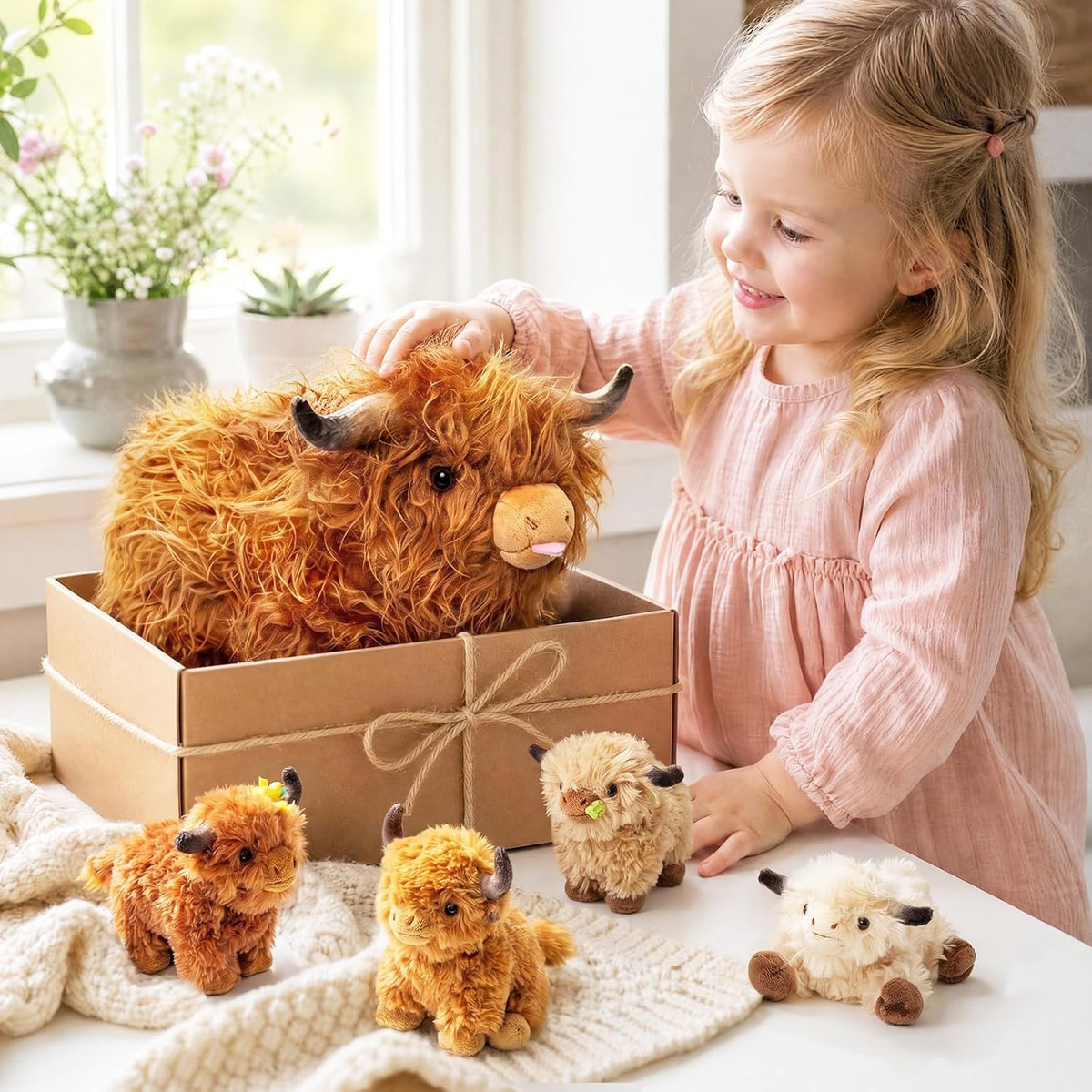 14.5" Highland Cow Teddy, Mummy & Babies Family Set with 4 inside | Huggable Shaggy Fluffy Cozy Animal Plush; Machine Washable Soft Material; Unique Scottish Gifts for Kids