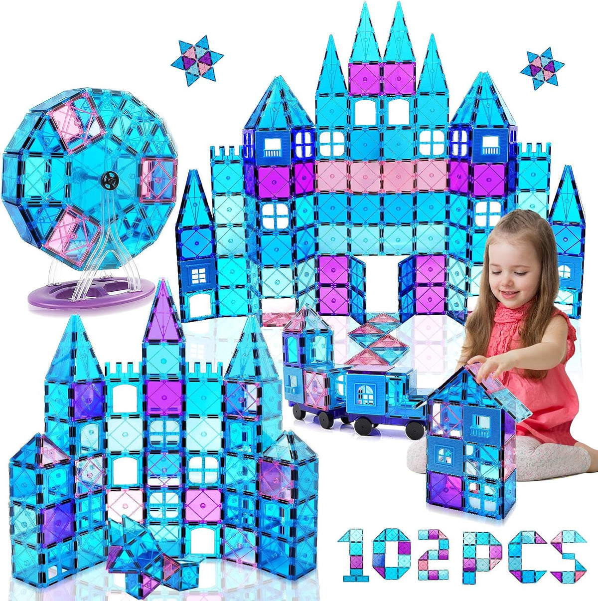 Magnetic Tiles 102PCS Magnetic Bolcks Building Toys for Kids 3+ | Toddlers Magnets Toys with Ferris Wheel,2 Car,Educational Princess Castle Gift for Boy Girls Age 3 4 5 Christmas Birthday