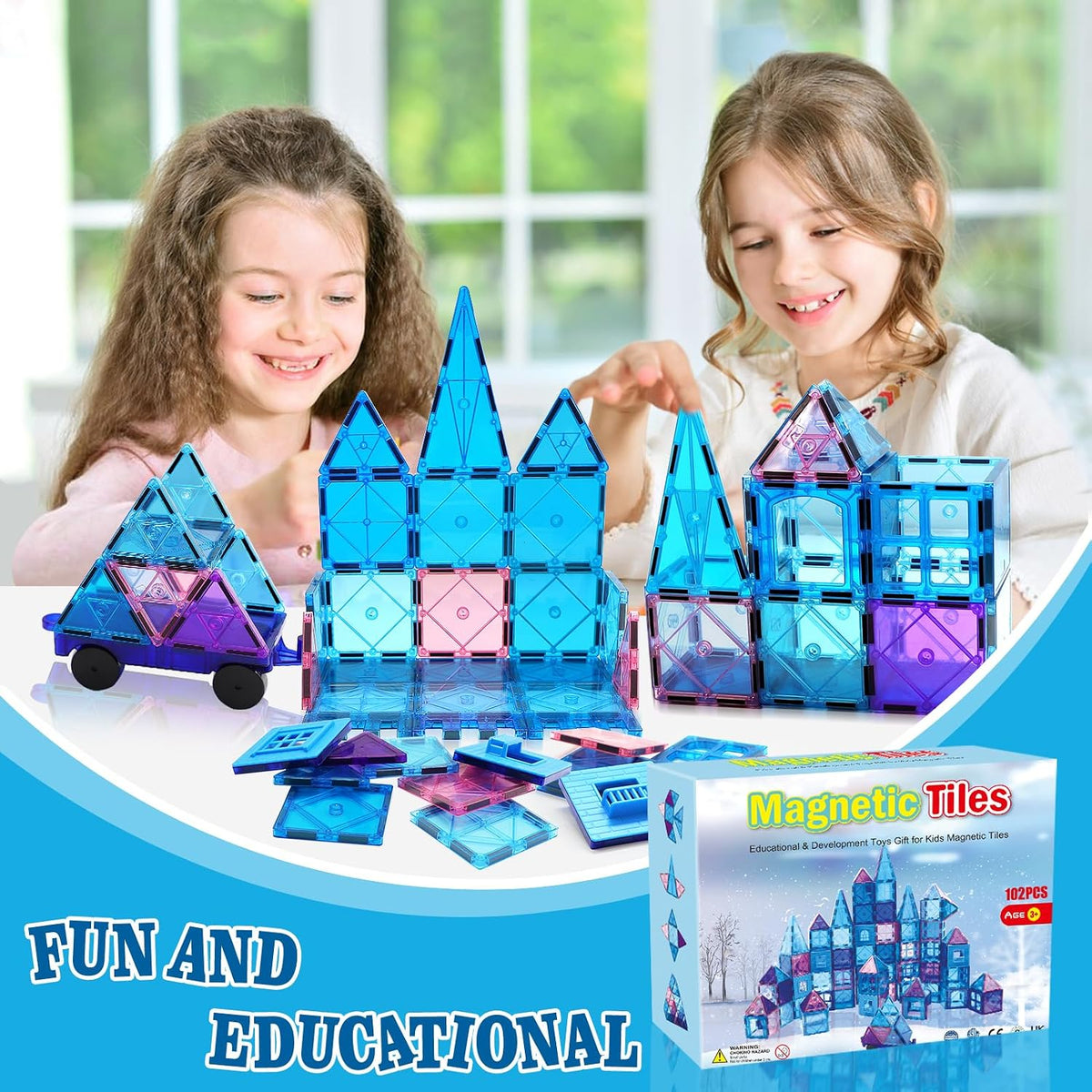 Magnetic Tiles 102PCS Magnetic Bolcks Building Toys for Kids 3+ | Toddlers Magnets Toys with Ferris Wheel,2 Car,Educational Princess Castle Gift for Boy Girls Age 3 4 5 Christmas Birthday