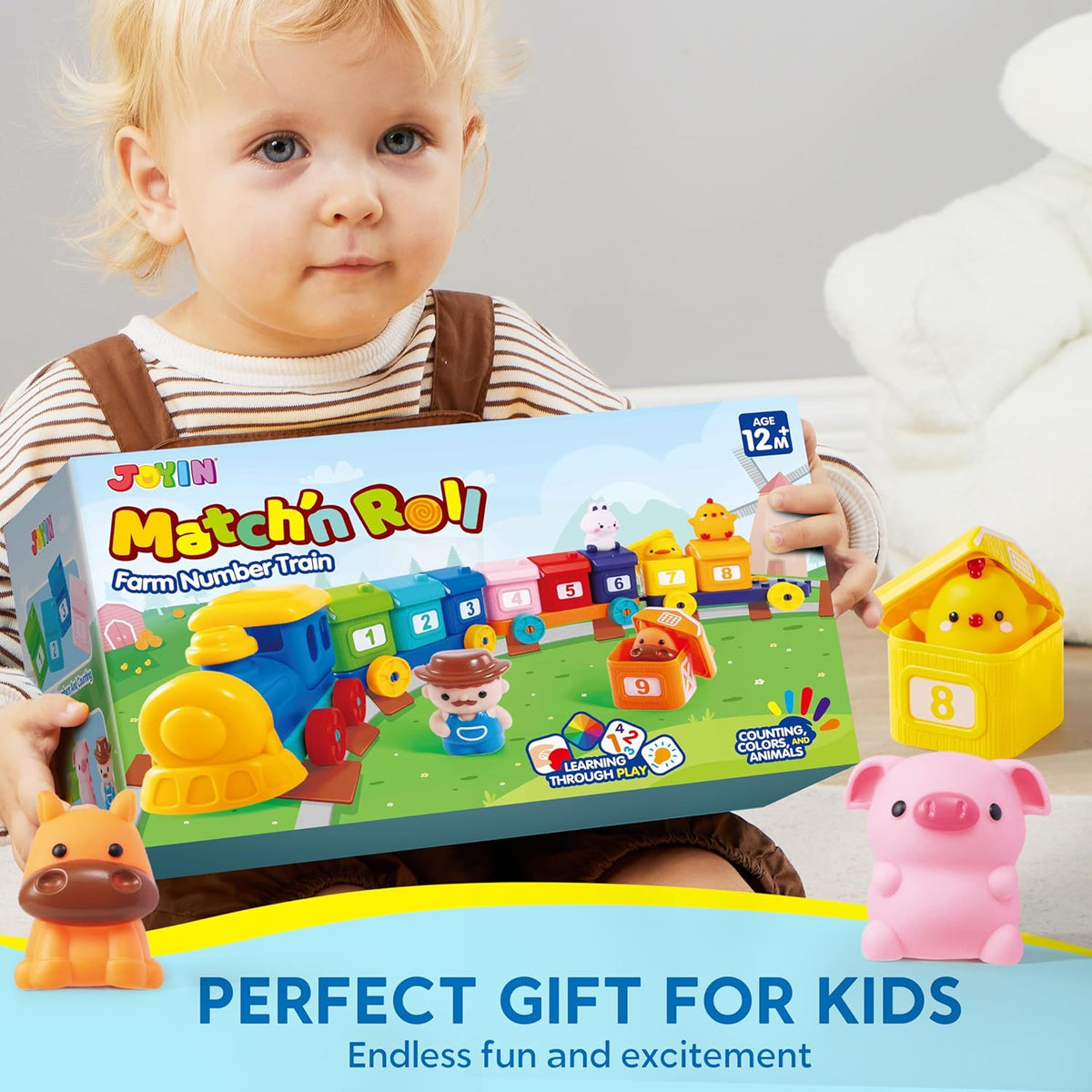 Montessori Toys for Toddlers 1-3, Farm Animal Train Toy for Counting, Stacking, Matching & Sorting with 9 Animal Figures & 1 Farmer, Toys for 1 2 3 4 Year Old Boys Girls Gifts