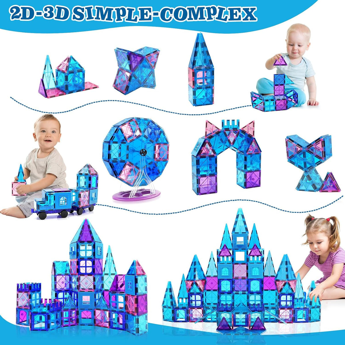 Magnetic Tiles 102PCS Magnetic Bolcks Building Toys for Kids 3+ | Toddlers Magnets Toys with Ferris Wheel,2 Car,Educational Princess Castle Gift for Boy Girls Age 3 4 5 Christmas Birthday