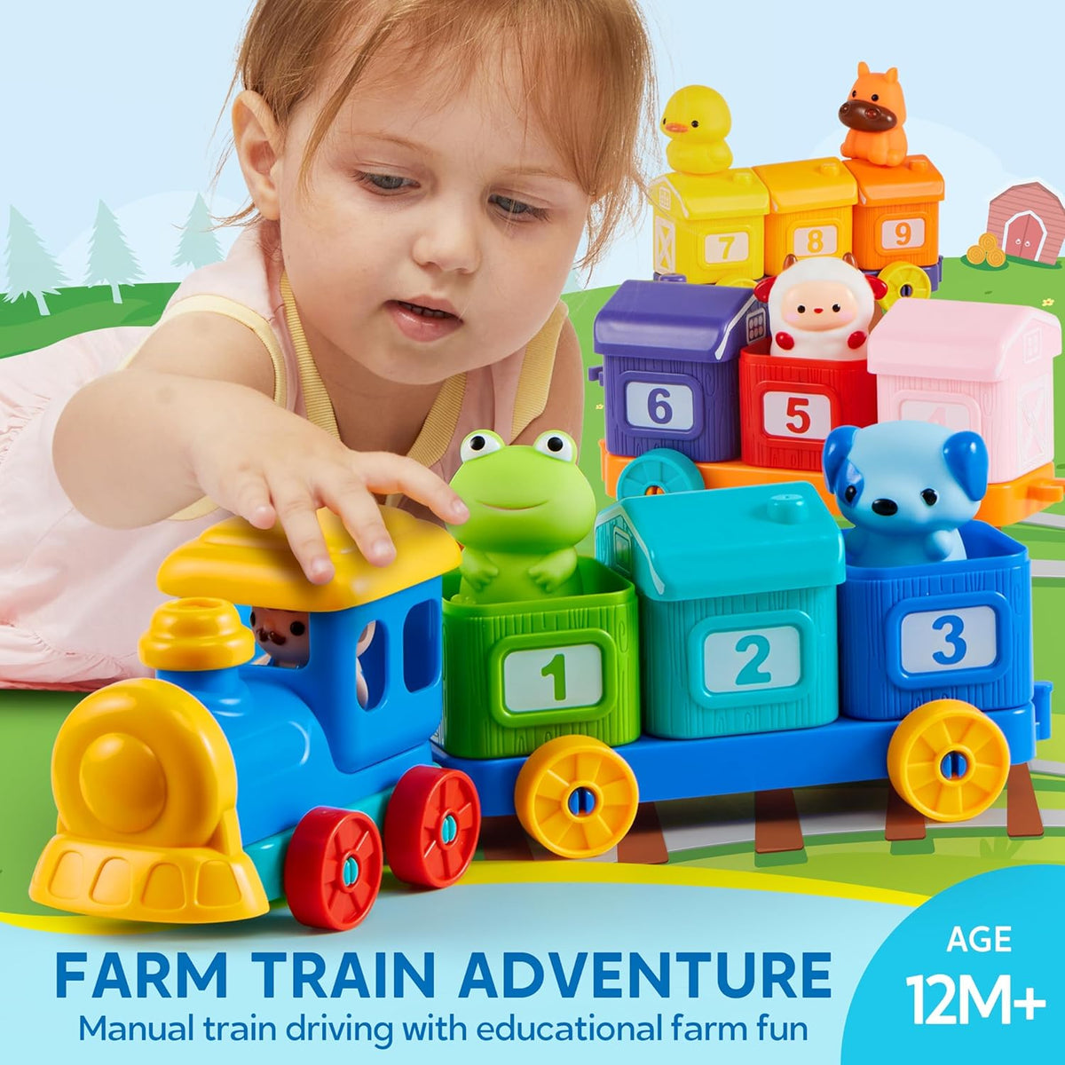 Montessori Toys for Toddlers 1-3, Farm Animal Train Toy for Counting, Stacking, Matching & Sorting with 9 Animal Figures & 1 Farmer, Toys for 1 2 3 4 Year Old Boys Girls Gifts
