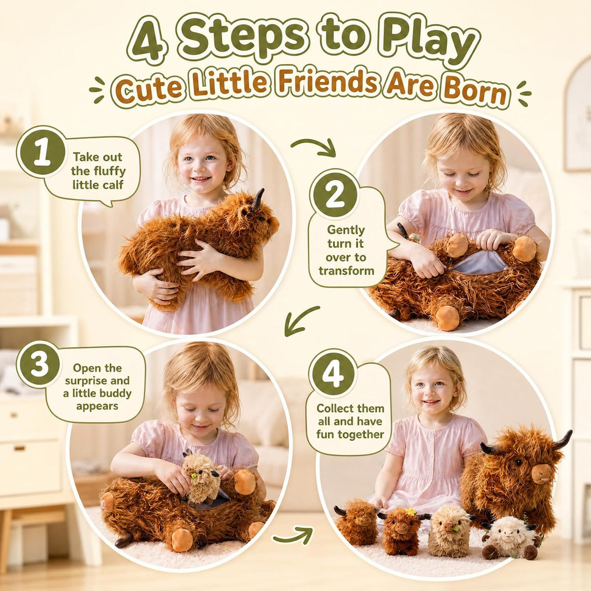 14.5" Highland Cow Teddy, Mummy & Babies Family Set with 4 inside | Huggable Shaggy Fluffy Cozy Animal Plush; Machine Washable Soft Material; Unique Scottish Gifts for Kids