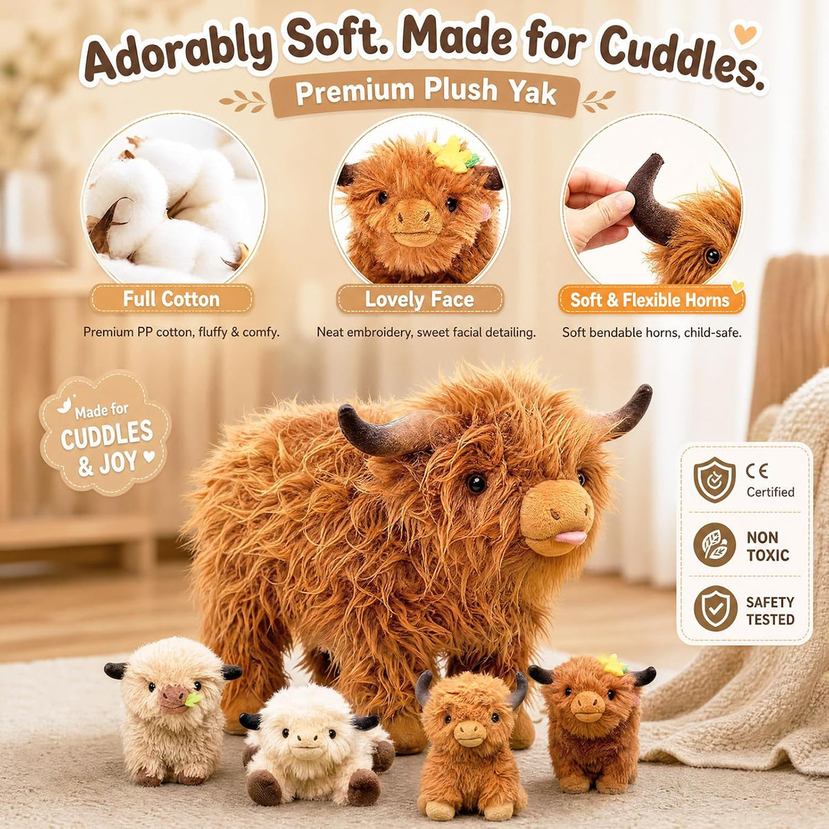 14.5" Highland Cow Teddy, Mummy & Babies Family Set with 4 inside | Huggable Shaggy Fluffy Cozy Animal Plush; Machine Washable Soft Material; Unique Scottish Gifts for Kids
