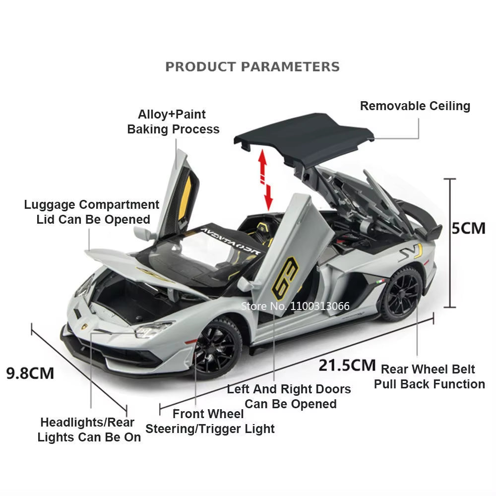 1:24 Lambor SVJ63 Alloy Super Sports Car Model Diecasts Metal Casting Sound Light Pull Back Function Toys for Children Vehicles