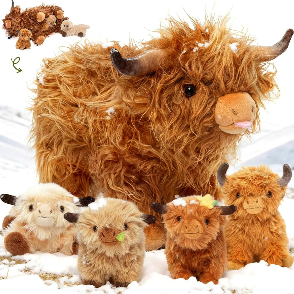 14.5" Highland Cow Teddy, Mummy & Babies Family Set with 4 inside | Huggable Shaggy Fluffy Cozy Animal Plush; Machine Washable Soft Material; Unique Scottish Gifts for Kids